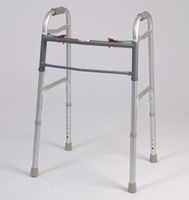 Walking Aid - Dual Button Folding Walker with red button. Extra bar for support. Adjustible height. 250lb weight capacity