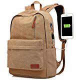 Canvas Laptop Backpack, Waterproof School Backpack With USB Charging Port For Men Women, Lightweight Anti-theft Travel Daypack College Student Rucksack Fits up to 15.6 inch Computer(Brown)