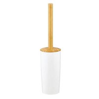 mDesign Decorative Compact Bamboo Freestanding Toilet Bowl Brush and Holder for Bathroom Storage and Organization - Bamboo Handle/Plastic Base - Space Saving, Sturdy, Deep Cleaning - Natural/White
