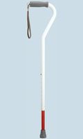 Walking Cane Offset Blind Cane has Comfortable Grey Foam Handle with Strap. Shaft is Made of White Powder Coated 7/8" Aluminum Tube with Push Button red Adjustment Leg Adjusts from 30-39"