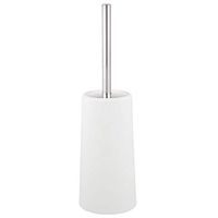 mDesign Modern Compact Free-Standing Plastic Toilet Bowl Brush and Holder for Bathroom Storage, Decorative Steel Handle and Lid, Sturdy, Deep Cleaning - White/Brushed