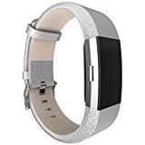 For Fitbit Charge 2 Band Leather Strap, AISPORTS Fitbit Classic Leather Smart Watch Adjustable Replacement Band Wristband with Metal Bracelet Buckle for Fitbit Charge 2 Fitness Accessories - Silver