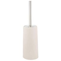 mDesign Modern Compact Freestanding Plastic Toilet Bowl Brush and Holder for Bathroom Storage, Decorative Steel Handle and Lid, Sturdy, Deep Cleaning - Cream/Brushed