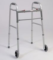 Walking Aid - 1 inch Tubbing, Dual Button folding walker, With 3 inch wheels Weight capacity of 250 lb. Comes with Glide Caps.