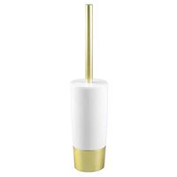 mDesign Decorative Compact Freestanding Plastic Toilet Bowl Brush and Holder for Bathroom Storage and Organization - Metal Handle/Base - Space Saving, Sturdy, Deep Cleaning - White/Gold Brass