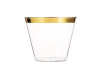 Golden Plastics - 100 Gold Rimmed Plastic Cups ~ 9 Oz Clear Gold Plastic Cups Old Fashioned Tumblers ~ Gold Rimmed Cups Fancy Disposable Wedding Cups ~ Elegant Party Cups with Gold Rim