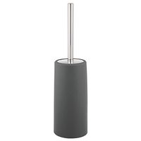 mDesign Compact Freestanding Plastic Toilet Bowl Brush and Holder for Bathroom Storage, Decorative Steel Handle and Lid, Sturdy, Deep Cleaning - Charcoal Gray/Brushed