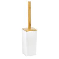 mDesign Modern Square Toilet Bowl Brush and Holder for Bathroom Storage and Organization, Compact Free-Standing Design, Covered Brush - Sturdy, Deep Cleaning - White/Natural Bamboo Wood