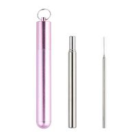 Longtong Reusable Telescopic Straw Stainless Steel Metal Drinking Collapsible Straws with Pink Aluminum Case and 1 Cleaning Brush