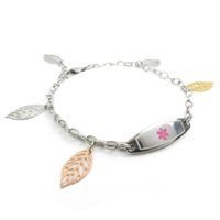My Identity Doctor - Pre-Engraved, Customized Women’s Diabetes Type I Medical Bracelet, Steel Leaves - Wallet Card Included