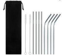 8 Piece Metal Straw Kit, 8.5 Inch, Reusable, Stainless Steel Straws (4 Straight/4 Bent), Dishwasher Safe, BPA-Free, Carrying Case And 2 Cleaning Brushes Included