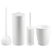 mDesign Modern Plastic Bathroom Storage and Cleaning Accessory Set - Includes Toilet Plunger, Bowl Brush, 3 Roll Toilet Paper Canister with Lid, Wastebasket Trash Can, Garbage Bin - 4 Pieces - White