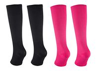 2Pair Open Toe Compression Knee High Anti-Fatigue Sock Calf Support Stocking (L/XL, Black + Rose)