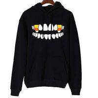 HNTDG Women Halloween Teeth Candy Print Long Sleeves Solid Pullover Hooded Sweatshirt Blouse Tops Black