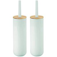 mDesign Compact Freestanding Plastic Toilet Bowl Brush and Holder for Bathroom Storage - Plastic and Bamboo - Sturdy, Deep Cleaning - 2 Pack - Mint/Natural Wood Finish