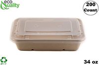 [200 Pack] 34oz Compostable Eco Friendly Container Trays with Lids - Rectangular Oblong Tree Free Sugarcane Bagasse Meal Prep Bento Boxes Take Out Catering Microwavable Deep Container by EcoQuality