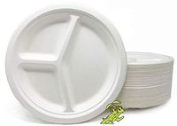100% Compostable Heavyweight 10 inch 3 compartment plates (50ct), White, Made from Sugar Cane Bagasse, Mr. Green Guys Compostable Plates