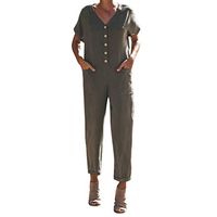 refulgence Cotton and Linen Jumpsuit Casual Button Down Short Sleeve Solid Jumpsuit Romper with Pockets(Army Green,M)