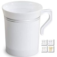 " OCCASIONS" 120 Mugs Pack, Heavyweight Disposable Wedding Party Plastic 8 oz Coffee Mugs/Tea Cups/Cappuccino Cups/Espresso Cup with Handles (8 oz Mugs, White & Silver Rim)