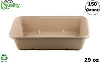 [150 Pack] 29oz Compostable Eco Friendly Container Trays - Rectangular Oblong Tree Free Sugarcane Bagasse Meal Prep Bento Boxes Take Out Catering Microwavable Deep Container by EcoQuality
