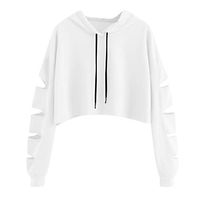 HNTDG Womens Casual Cropped Cut Out Long Sleeve Sweatshirt Jumper Pullover Solid Color Blouse White
