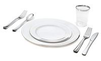 " OCCASIONS" 280 pcs/40 Guest-Full Tableware Set-Wedding Disposable Plastic Plates, Silverware, Silver Rimmed Tumblers (Combo A, White & Silver Rim)
