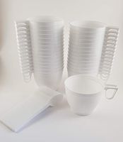 Set of 30 Plastic White Coffee/Tea Mugs Cups and 30 Plastic Spoons for Party Supplies. For Disposable Use
