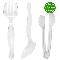 Disposable Plastic Serving Sets - Set of 12 Clear - Four 9” Spoons, Four 9" Forks, and Four 7” Tongs (12 Count, Serving Utensil)