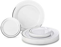 " OCCASIONS" 50 Plates Pack, Heavyweight Premium Disposable Plastic Plates Set (25 x 10.5'' Dinner + 25 x 6.25'' Cake plates) (White & Silver Rim)