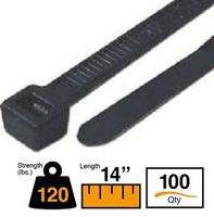 BuyCableTies 14" Light to Heavy Duty Indoor/Outdoor Cable Ties - 120 lb Rated - Made in USA - Black - UV Resistant - 100 per bag