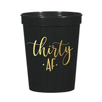 Thirty AF Cups for a 30th Birthday Party, Set of 10 Black and Metallic Gold Plastic Cups, 30th Birthday Party Partyware, Cute Script Cups