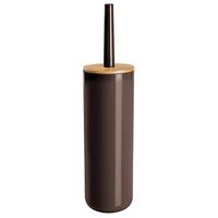 mDesign Compact Freestanding Plastic Toilet Bowl Brush and Holder for Bathroom Storage - Plastic and Bamboo - Sturdy, Deep Cleaning - Chocolate Brown/Natural Wood Finish