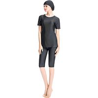Gojendy Women Solid Color Bathing Suit for Muslim Short Sleeves T Shirt Top with Cap (XXL, Black)