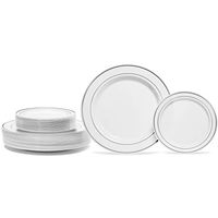 Premium Hard Plastic White Silver Rimmed Plate Set By Oasis Creations - 25x9’’ & 25x6” - Washable & Reusable - Party Supplies For Birthdays, Celebrations, Buffets, Fiestas, Catering & More