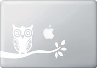 Owl on Tree Branch - Design 1 - MacBook or Laptop Decal Sticker (Color Variations Available) (8.75" w x 4.5" h) (White)