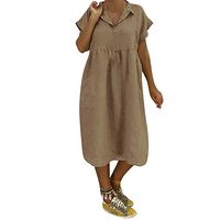 Women Fashion Casual Dresses Bxzhiri Turn-Down Collar Summer Short Sleeve Loose Cotton Dress Khaki