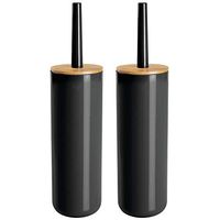 mDesign Compact Freestanding Plastic Toilet Bowl Brush and Holder for Bathroom Storage - Plastic and Bamboo - Sturdy, Deep Cleaning - 2 Pack - Black/Natural Wood Finish