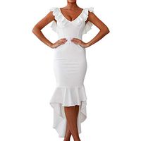 Veodhekai Women Dress V-Neck Ruffles Sleeveless Backless Bandage Mini Dress Wedding Holiday Party Dress White