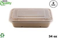 [2 Pack of 250] 34oz Compostable Eco Friendly Container Trays with Lids - Rectangular Oblong Tree Free Sugarcane Bagasse Meal Prep Bento Boxes Take Out Catering Microwavable Deep Container