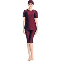 Gojendy Women Solid Color Bathing Suit for Muslim Short Sleeves T Shirt Top with Cap (M, Red)