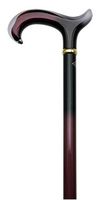 Walking cane-Burgundy & Black Tease. This walking stick cane has a derby plexi handle. This Walking aid has a scorched and cherry stained hardwood shaft. This wooden cane has a weight capacity of 250 pounds and 36 inches long