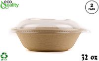 [2 Pack of 125] - EcoQuality 32oz Round Disposable Bowls with Dome Lids Natural Sugarcane Bagasse Bamboo Fibers Sturdy Compostable Eco Friendly Environmental Paper Plastic Bowl Alternative Tree Free