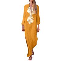 Veodhekai Women Printed Long Sleeve V-Neck Maxi Dress Split Hem Baggy Holiday Long Dress Orange