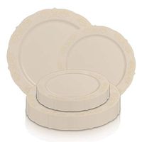 Elegant Disposable Plastic Heavy Duty Party Plates 240 Count - 120 Pcs Round Ivory Nice Dinner Plates + 120 Pcs Fancy Dessert Salad Plates Combo Set For Wedding, Thanksgiving, Birthday & All Occasions