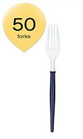 Sophistiplate 91Umus Bella Disposable Cocktail Forks, White w/ Navy Blue Handles (Pack of 50)