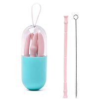 JiuQu Reusable Silicone Collapsible Straws with Travel Case, Portable Reusable Drinking Straws with Cleaning Brush, Food-Grade BPA-Free Silicone Straws for Daily and Travel Use - Pink