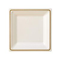 Compostable Printed Rim Plates, 7 Inch, Square Shaped, White with Gold, 144 Pack