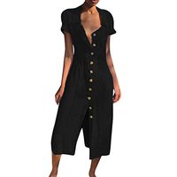 EDC 2019 Women's Solid Blouse Dresses Vintage Casual Loose V-Neck Button Short Sleeve Slimming Party Long Shirts Dress (Black, XXXXXL)