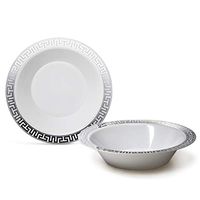 " OCCASIONS" 40 Bowls Pack, Heavyweight Disposable Wedding Party Plastic Soup Bowls (14oz Soup Bowl, Milano White & Silver)