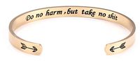 fishhook Personalized Engraved Inspirational Motivational Mantra Quote Arrow Heart Stainless Steel Cuff Bangle Bracelet for Women Girls (Gold, do no harm, but take no Shit)